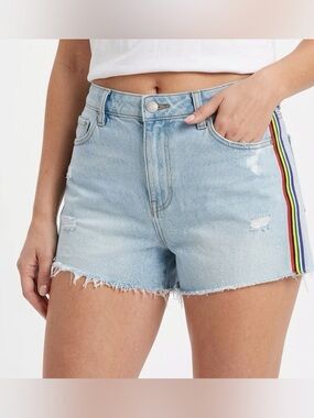 Denim Co Light Blue Distressed Cutoff Jean Shorts with colorful stripes on sides